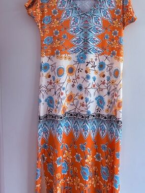 Boho Orange Floral V-Neck Maxi Dress size small
